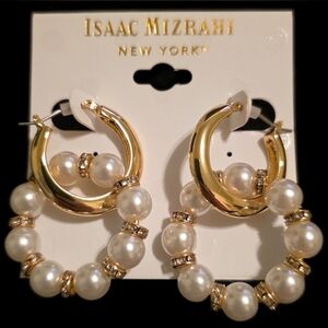 Goldtone and Pearl Hoop Earrings